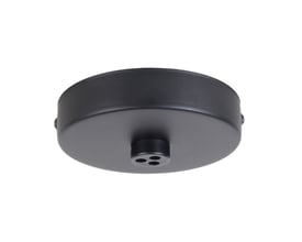 Halo Designs Mini Roset i sort metal med 3 udgange til lamper, diameter 12 cm, hvid baggrund.