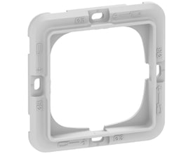 LK FUGA teknisk monteringsramme i grå plast med markeringer for 1 modul bredde og højde, klar til montering af el-udstyr.