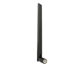 Svart DeLock dualband-WLAN-antenne med lang, slank antenne og RP-SMA-hannkontakt, sett skrått fra siden.