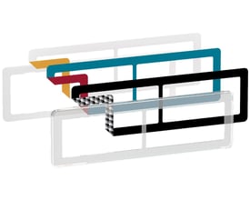 LK FUGA Choice dobbelt designramme i transparent, 2x2 modul, vist med forskellige farveindlæg som sort, blå og rød.