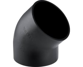 Svart Geberit PE-HD-avløpsbend på 45° og 63 mm med den åpne muffen vendt skrått oppover.