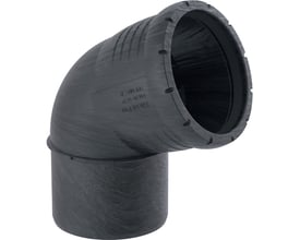 Geberit Silent-Pro bøjning 67.5° med 90 mm diameter, lavet af mørkegrå plast med tydelig indgravering af mærke og specifikationer.