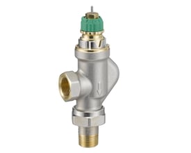 Sidevisning af Danfoss RA-DV UK radiatorventil, viser ventilens krop og omvendte vinkelløbende design.