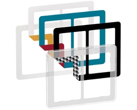 LK FUGA Choice vandret dobbelt design ramme, transparent, med synlige farveindlæg i blå, sort, hvid og gul.