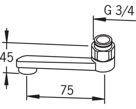 Teknisk tegning af Oras D-tud, 75 mm lang, med 3/4" omløber og målinger angivet.