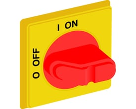 Tættere visning af ABB drejegrebets rød/gule design, fremhæver den ergonomiske form og tekst for ON/OFF.