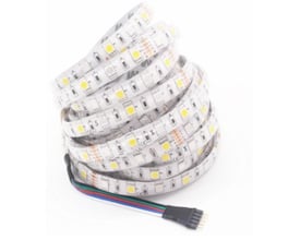 Rullet 5 meter RGB+WW LED strip, 12V, 60 LED/meter, IP65, med tilslutningskabel, klar til montering.