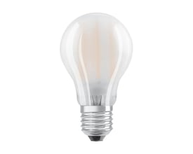 Ledvance LED E27 pære i standardform med halvmat glas og E27 sokkel, 7W, 806lm, 2700K, hvid baggrund.