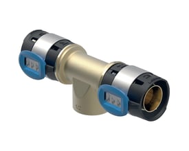 Et Geberit FlowFit T-stykke med 40mm rørdimensioner og 3/4" indvendigt gevind, fremstillet i messing med sorte og blå detaljer.