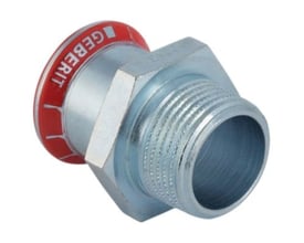 Nærbillede af Geberit Mapress FZ overgang med synlig 22 mm muffe og 1" gevindnippel, el-forzinket stålkonstruktion.