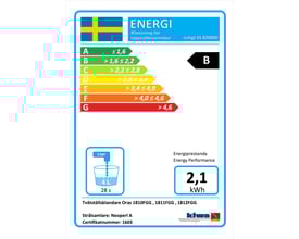 Oras Vega energimærke for armatur, viser energiklasse B og et forbrug på 2,1 kWh.