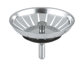 Grohe kurveventil prop til køkkenvask Ø83 mm, isoleret på hvid baggrund med krom finish og gummipakning.