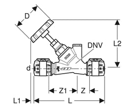 Teknisk tegning af Geberit FlowFit afspærringsventil, 25mm, med dimensioner og markeringer angivet.