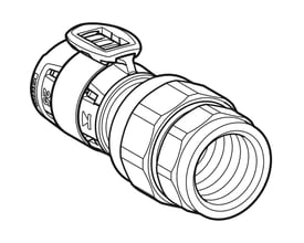 Geberit FlowFit union med indvendigt gevind, 25mm diameter, fremstillet af blyfri siliciumbronze. Tekniske tegninger viser dimensioner.