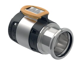 Geberit FlowFit overgang 50x42mm i rustfrit stål med sort og orange kunststofdetaljer.