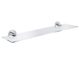 Grohe Start glashylde, 530x145mm, med skinnende krom holdere på hvid baggrund.