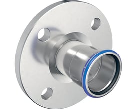 Geberit Mapress RF overgangsflange i rustfrit stål med 35 mm diameter og blå O-ring, klar til presmontering.