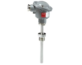 Danfoss temperaturtransmitter MBT 3252 med 100mm sensor og 1/2" tilslutning, vist lige forfra på hvid baggrund.