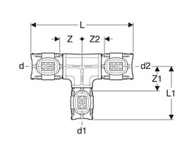 Skematisk tegning af Geberit FlowFit T-stykke med dimensioner angivet i millimeter og bogstaver.