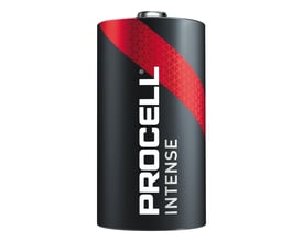 Duracell Procell Alkaline Intense D-batteri, LR20 på 1,5 V, set forfra med sort og rød etiket.