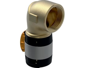 3D-rendering af Geberit FlowFit bøjning 90°, 50mmx1 1/2", viser messingmateriale, indvendigt gevind og muffe.