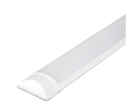 V-TAC LED-armatur på 150 cm med en bred, diffus lyskilde og hvide endekapper på en hvid baggrund.