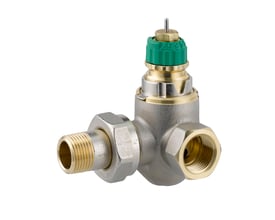 Danfoss RA-DV 10 ventilhus med Rp 3/8" sideløb højre tilslutning og grøn forindstillingsknap, fremstillet af forniklet messing.