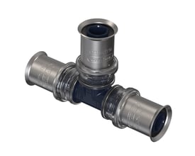 Wavin Tigris K5 T-stykke med tre 40 mm tilslutninger. Fremstillet af blå PPSU-plast med metalpreskapper.