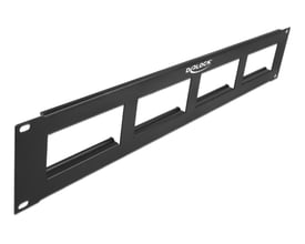Svart DeLock Easy 45 patchpanel til 19″ rack i 2U med fire rektangulære utskjæringer, sett skrått forfra.