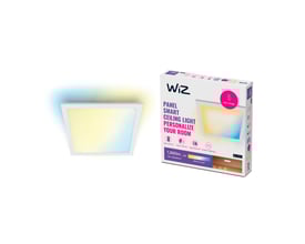 WiZ Superslim LED panel 30x30 cm i hvid med dynamiske hvide og farvede lyszoner ved siden af pakken.