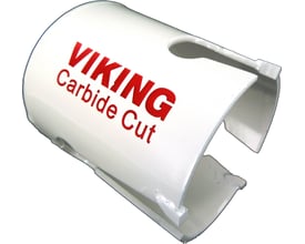 Nærbillede af VIKING Carbide Cut hulsav Ø 79 mm med synlige tænder og beslag, hvid overflade.