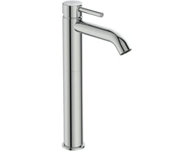 Elegant Ideal Standard Ceraline håndvaskarmatur i skinnende krom med 1-grebs betjening og en høj, slank udformning.