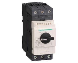 Schneider Electric GV3P motorværn, 12-18A indstillingsområde, med drejegreb og tydelig ON/OFF markering på hvid baggrund.