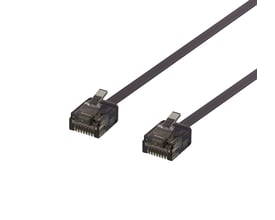 Deltaco U/UTP Cat6a fladt patchkabel på 0,3 meter med sorte RJ45-stik, der viser kabelkonstruktion og stikdetaljer.