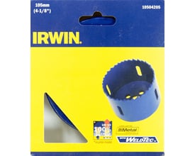Irwin Tools 105mm bi-metal hulsav med gul emballage, der fremhæver 100% længere levetid og WeldTec teknologi.