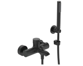 Ideal Standard Ceraline kar- og brusearmatur i mat sort finish med et-grebs betjening og bruseholder.