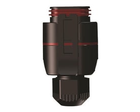 Svart Grundfos-støpsel til ALPHA/Magna- og Comfort-pumper med røde detaljer, sett forfra.