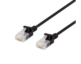 DELTACO U/UTP Cat6a patch kabel i sort med en diameter på 3,5 mm og 3 meter lang, med synlige RJ45-stik.