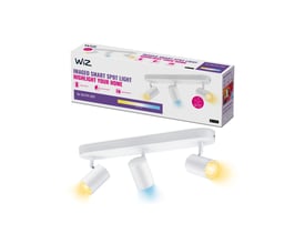 WiZ Imageo spotlampe med 3 justerbare GU10 LED spothoveder i hvid, præsenteret med emballage.