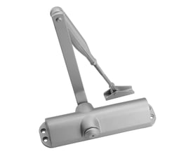 Jasa Company dørlukker EN 2-4 med standard arm i sølvfarvet aluminium med CE-godkendelse, vist på hvid baggrund.