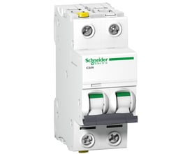Schneider Electric automatsikring Acti9 iC60N, 2P, 13A, D-karakteristik og 6kA brydeevne på hvid baggrund.