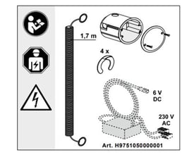 Diagram over Laufen el-monteringssæt LIS med indmuringsdåse, tomrør og strømkabler for 6V DC og 230V AC.