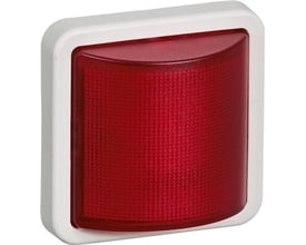 Lauritz Knudsen OPUS 74 signallampe i rød med hvid ramme, viser lampens forside på hvid baggrund.