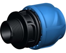 Georg Fischer iJOINT plastfitting med 63 mm kompressionskobling og 2" udvendigt rørgevind i blå og sort polypropylen.