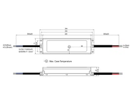 Teknisk tegning af Mean Well ELG-200-12 LED driver med dimensioner og tilslutningsdetaljer i millimeter.