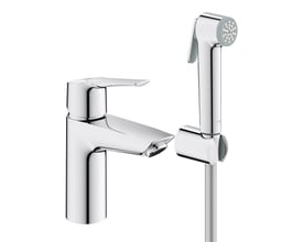Grohe Start etgrebsbatteri og håndbruser i blank krom, vist isoleret på hvid baggrund med 165mm tud.