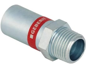 Geberit Mapress el-forzinket overgang, nippel/nippel, 15 mm x ½", lavet af stål med zinkbelægning og rød Geberit-stribe.