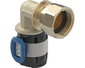 Geberit FlowFit pressvinkel på 90° med 16 mm presshylse og 1/2" overfallsmutter, sett skrått forfra.