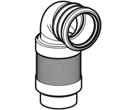 Teknisk tegning af Geberit toiletbøjning 90 grader, teleskopisk, Ø90mm, viser rillede overflader og tilslutningsdimensioner.