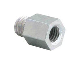 Walraven BIS adapter M12 x M16 i elforzinket stål, sett skrått med utvendige gjenger til venstre og synlige innvendige gjenger.